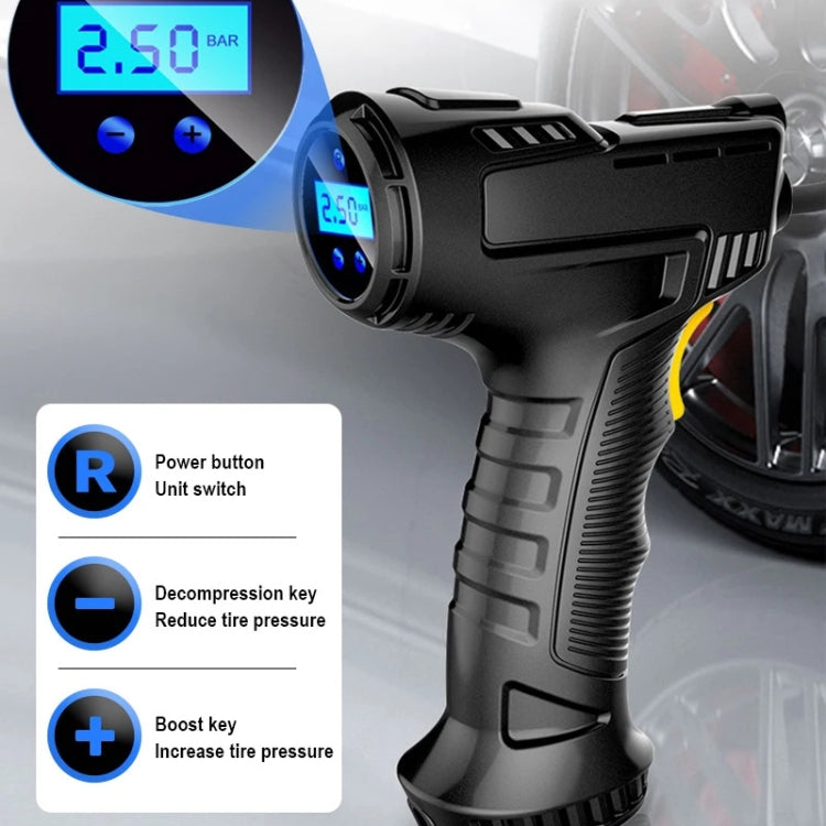 Wireless Digital Display 120W Car Air Pump Compressor Tire Inflator with LED light and digital pressure gauge.