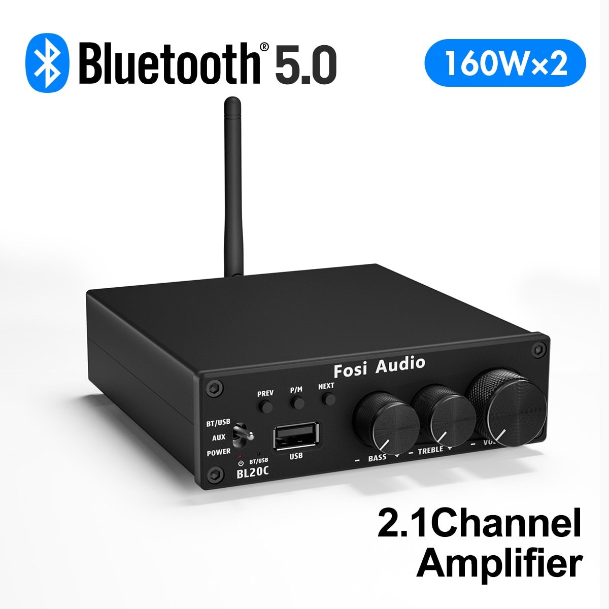 32V Power Supply Bluetooth 5.0 2.1 HiFi Audio Receiver Amplifier with compact design and multiple input options.