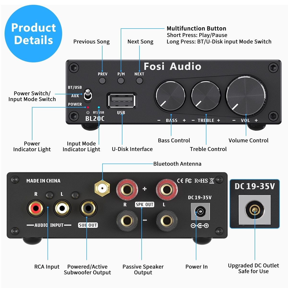 32V Power Supply Bluetooth 5.0 2.1 HiFi Audio Receiver Amplifier with compact design and multiple input options.