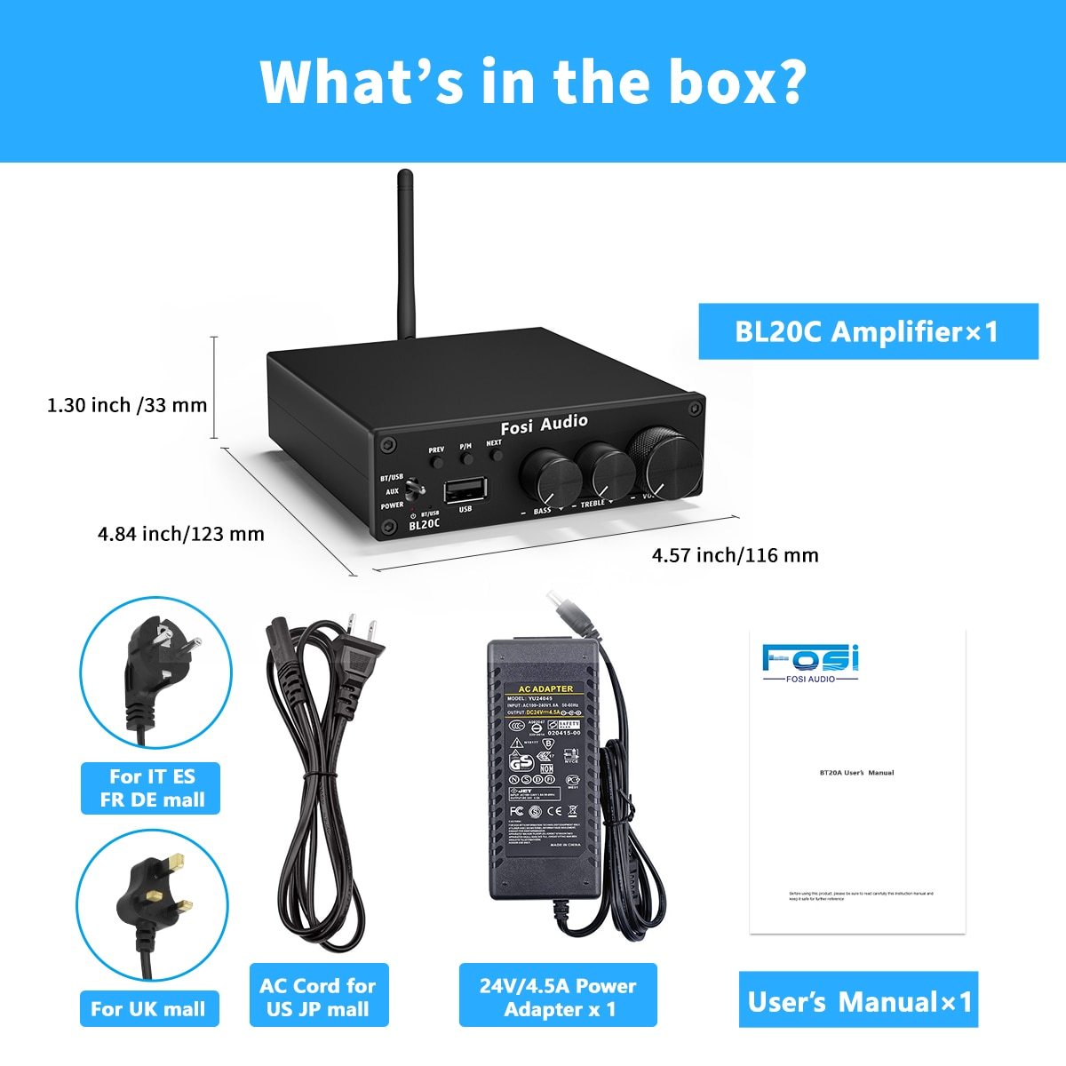 32V Power Supply Bluetooth 5.0 2.1 HiFi Audio Receiver Amplifier with compact design and multiple input options.