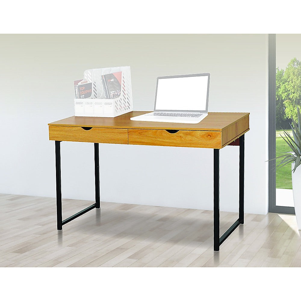 Stylish wood computer desk in white maple finish, featuring a spacious tabletop and two drawers for storage, ideal for home office and gaming.