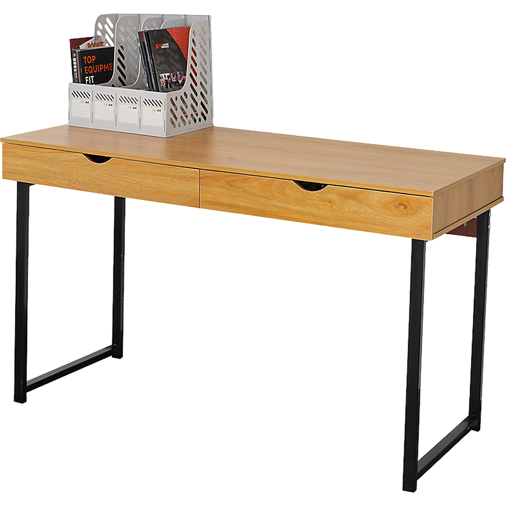 Stylish wood computer desk in white maple finish, featuring a spacious tabletop and two drawers for storage, ideal for home office and gaming.