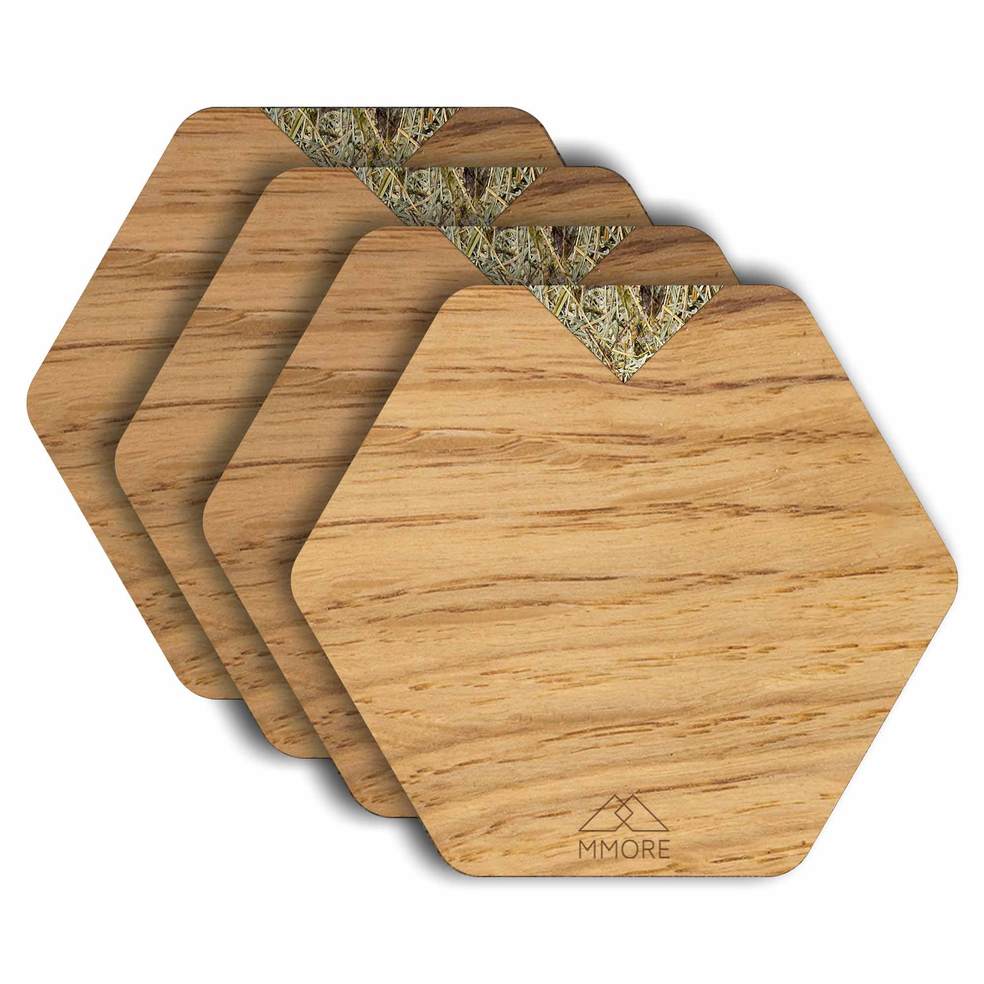 Set of 4 handcrafted wooden coasters made from oak, showcasing unique grain patterns and a modern hexagonal design.