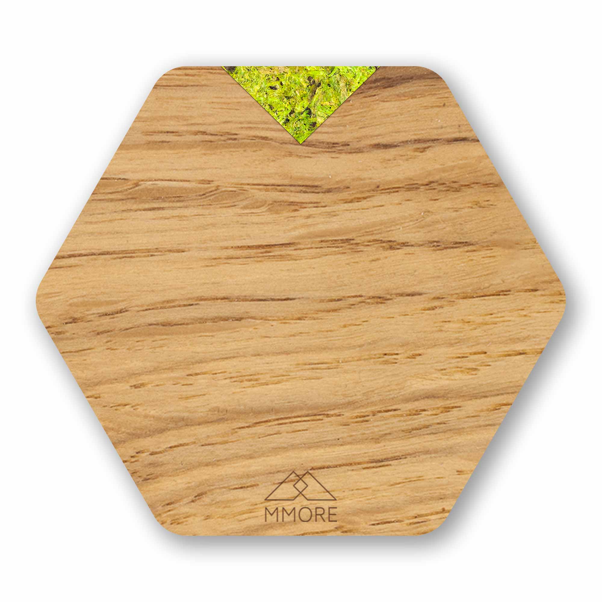 Set of 4 handcrafted wooden coasters made from oak, showcasing unique grain patterns and a modern hexagonal design.