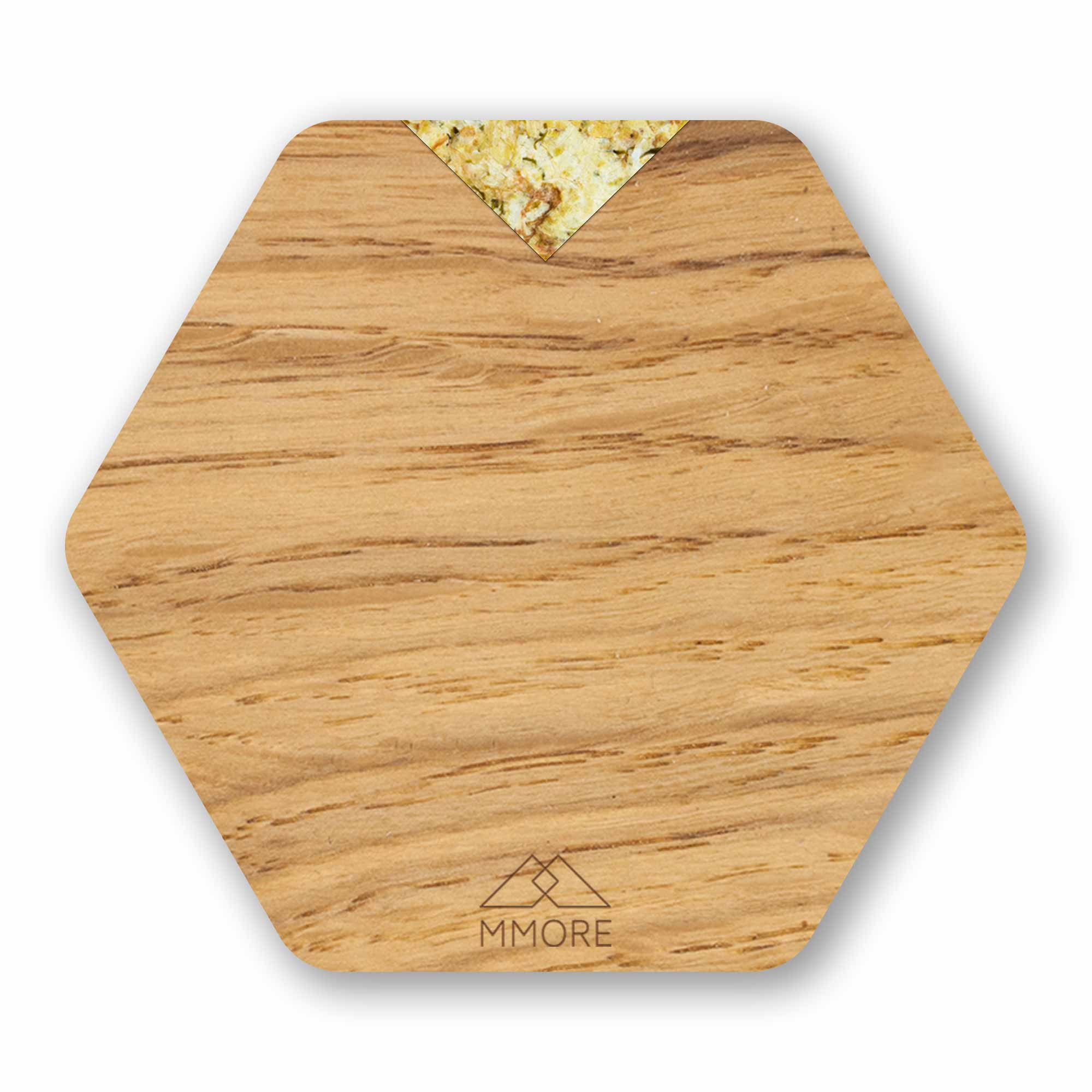 Set of 4 handcrafted wooden coasters made from oak, showcasing unique grain patterns and a modern hexagonal design.