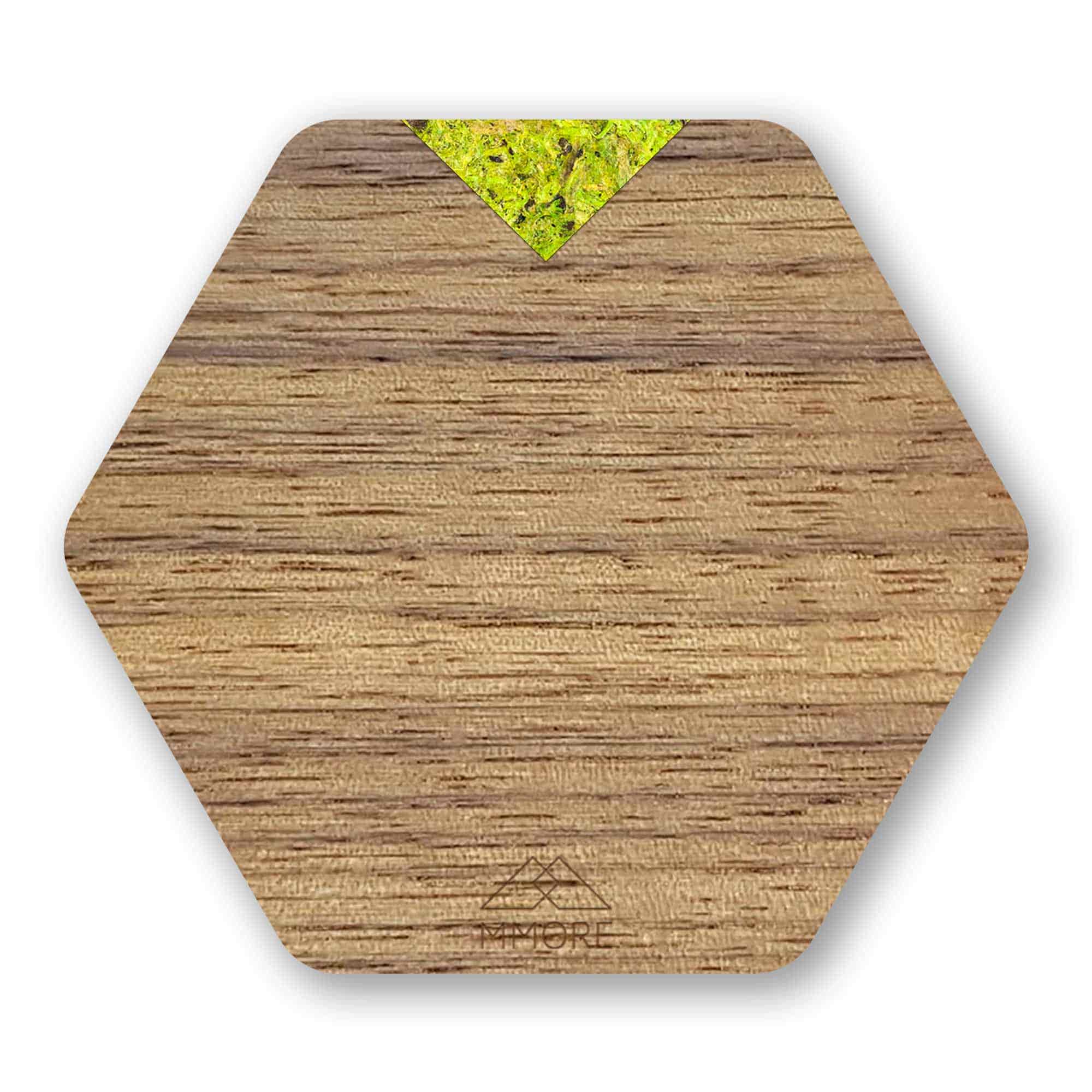 Set of 4 handcrafted wooden coasters made from oak, showcasing unique grain patterns and a modern hexagonal design.