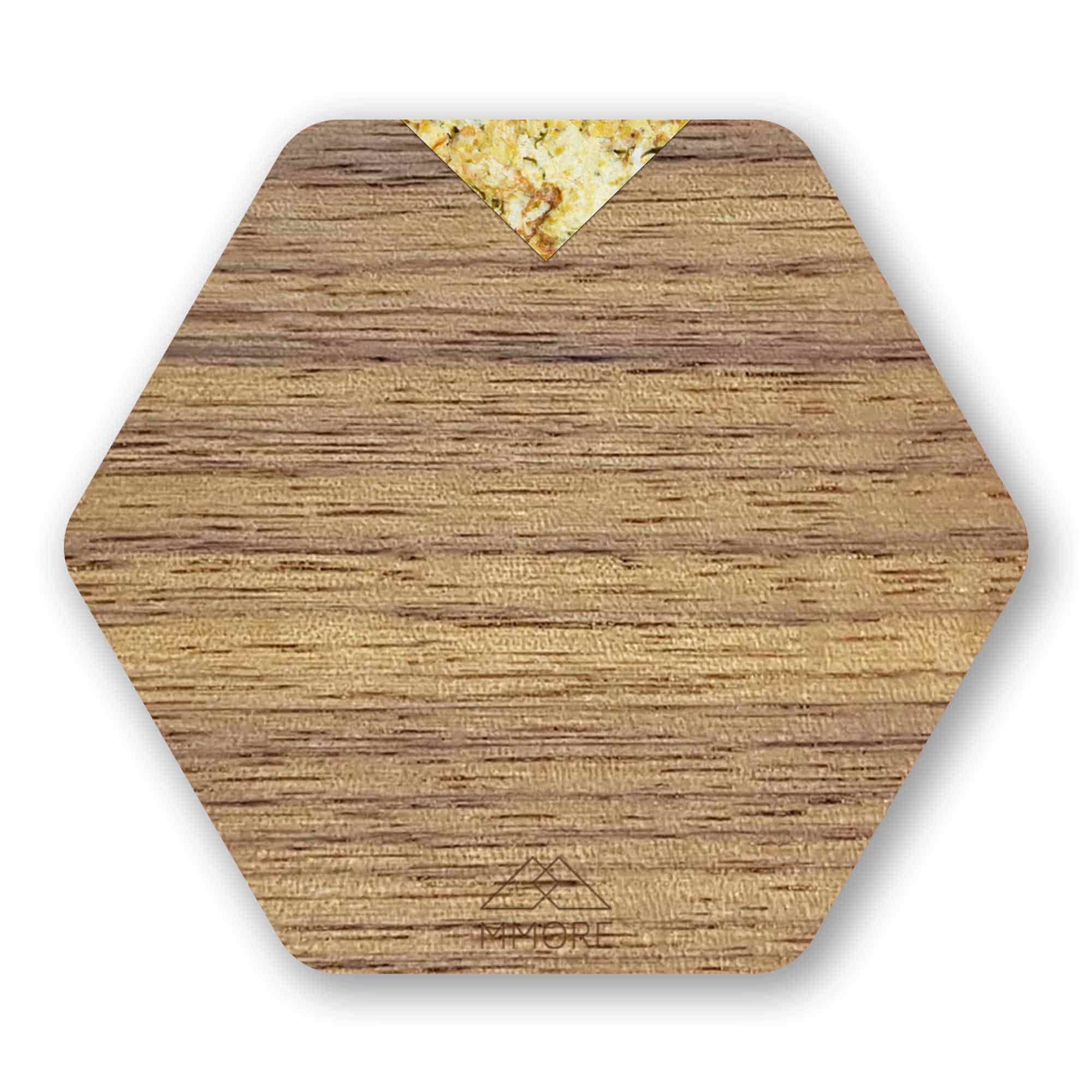 Set of 4 handcrafted wooden coasters made from oak, showcasing unique grain patterns and a modern hexagonal design.