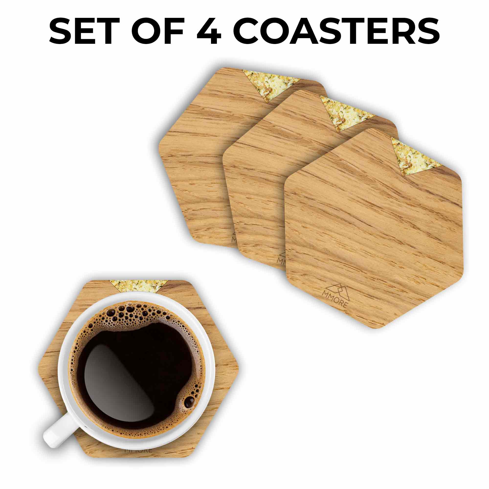 Set of 4 handcrafted wooden coasters made from oak, showcasing unique grain patterns and a modern hexagonal design.