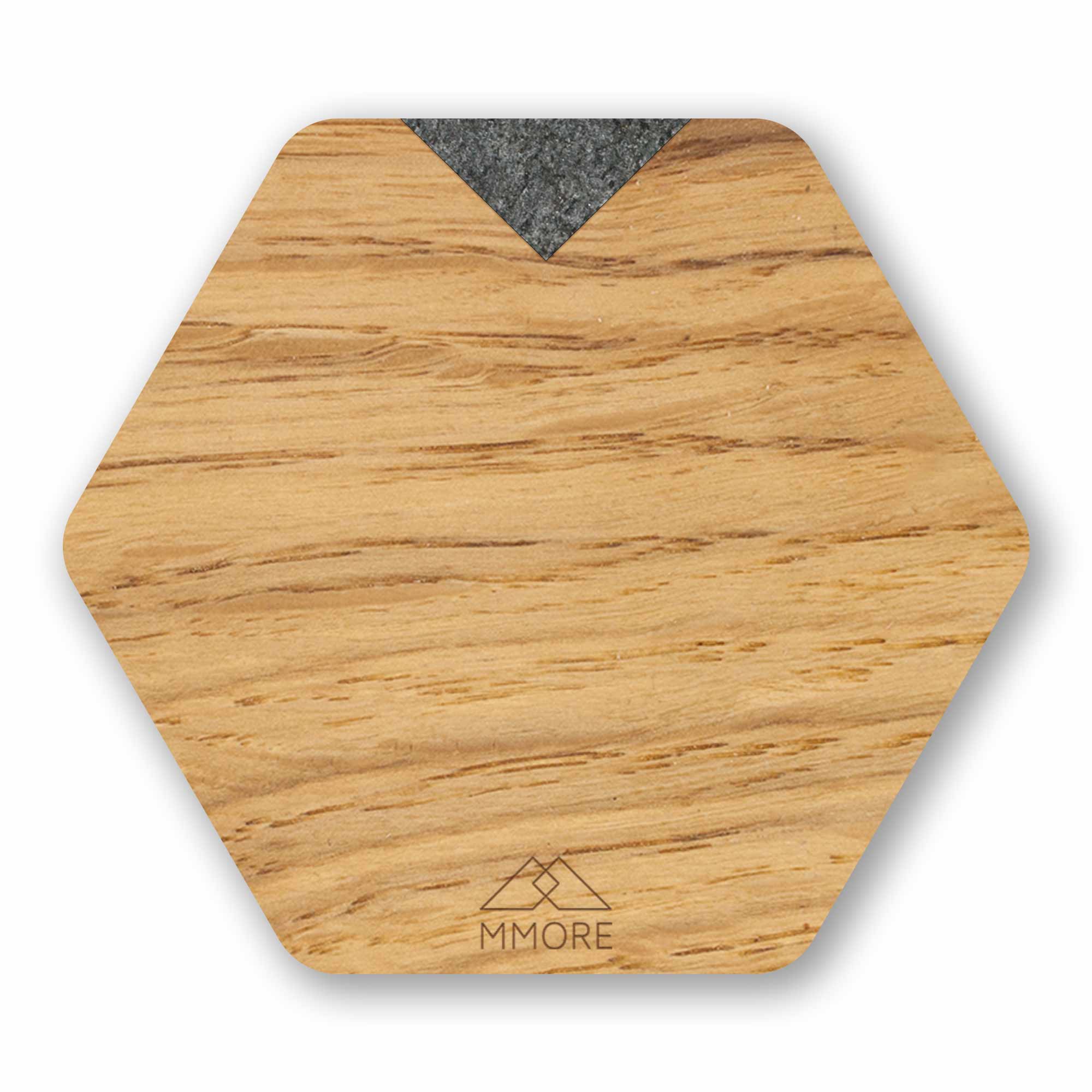 Set of 4 handcrafted wooden coasters made from oak, showcasing unique grain patterns and a modern hexagonal design.