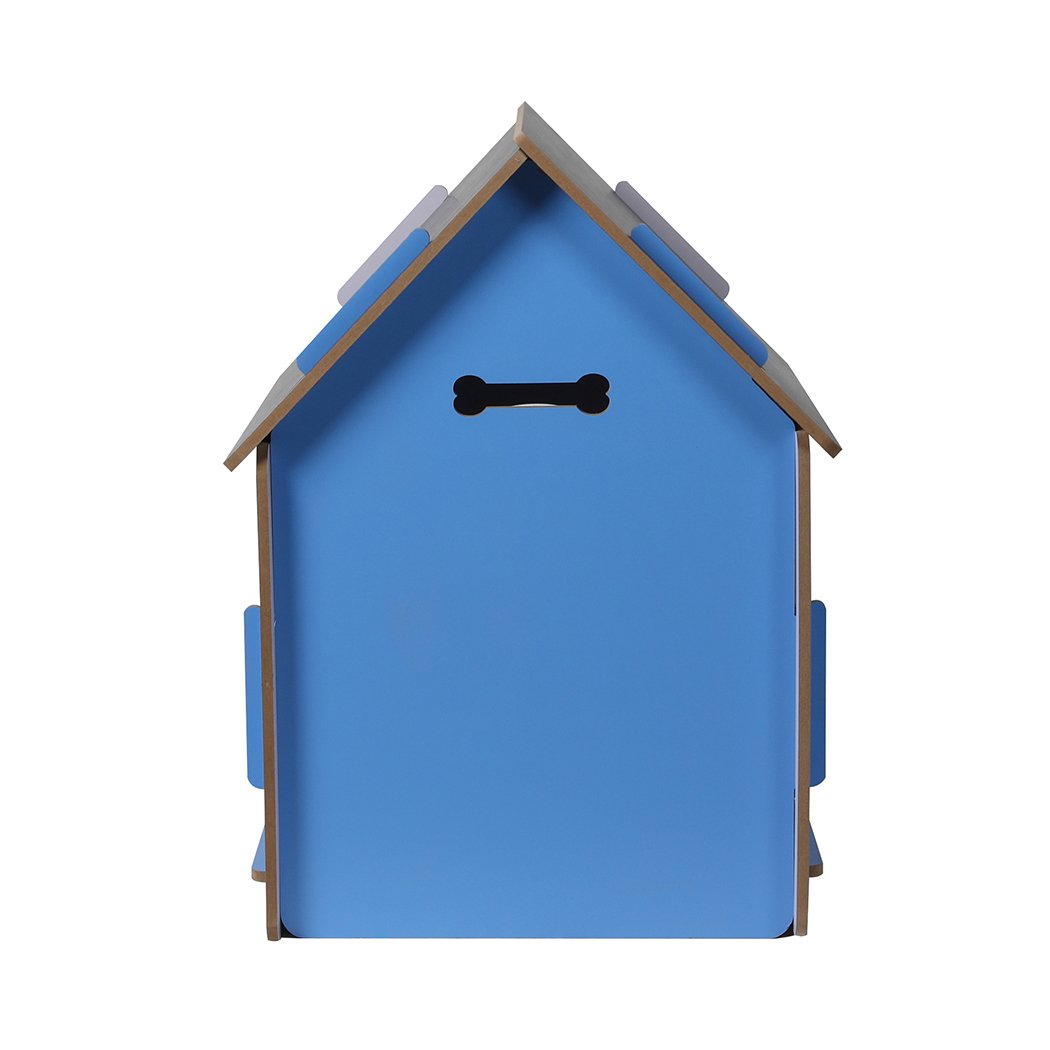 A large blue wooden dog house with an arch door, designed for indoor use, featuring ventilation windows and a cozy pet bed inside.