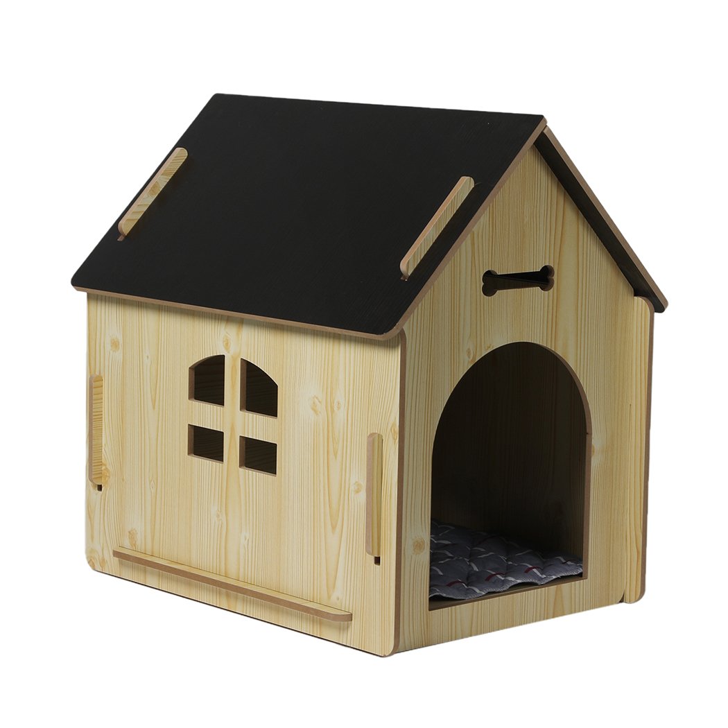 Wooden Dog House Pet Kennel in oak finish, featuring a stylish design with ventilation windows and a cozy interior.