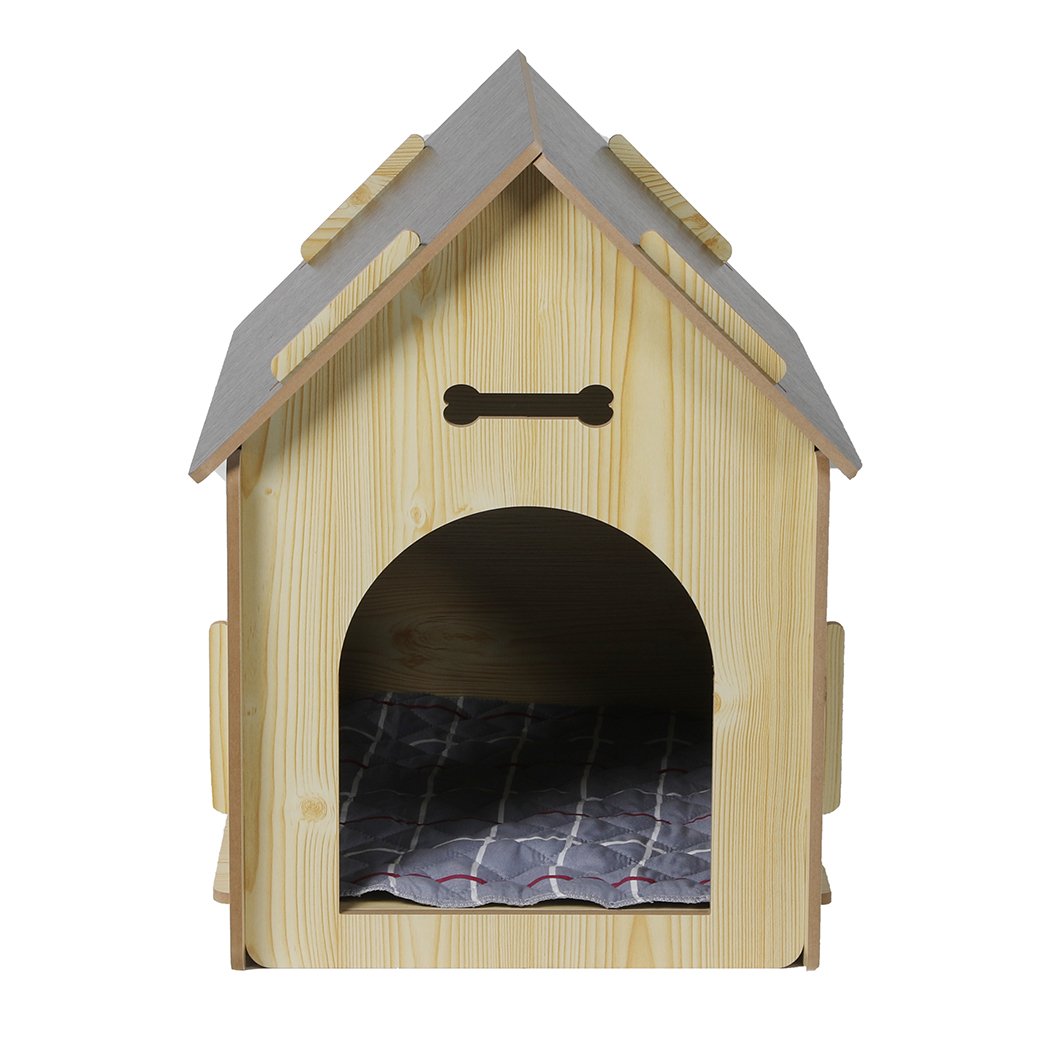 Wooden Dog House Pet Kennel in oak finish, featuring a stylish design with ventilation windows and a cozy interior.