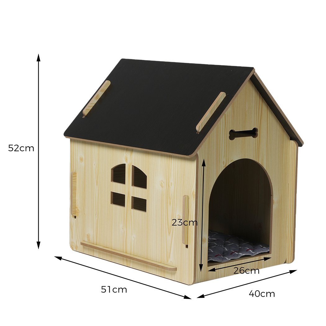 Wooden Dog House Pet Kennel in oak finish, featuring a stylish design with ventilation windows and a cozy interior.