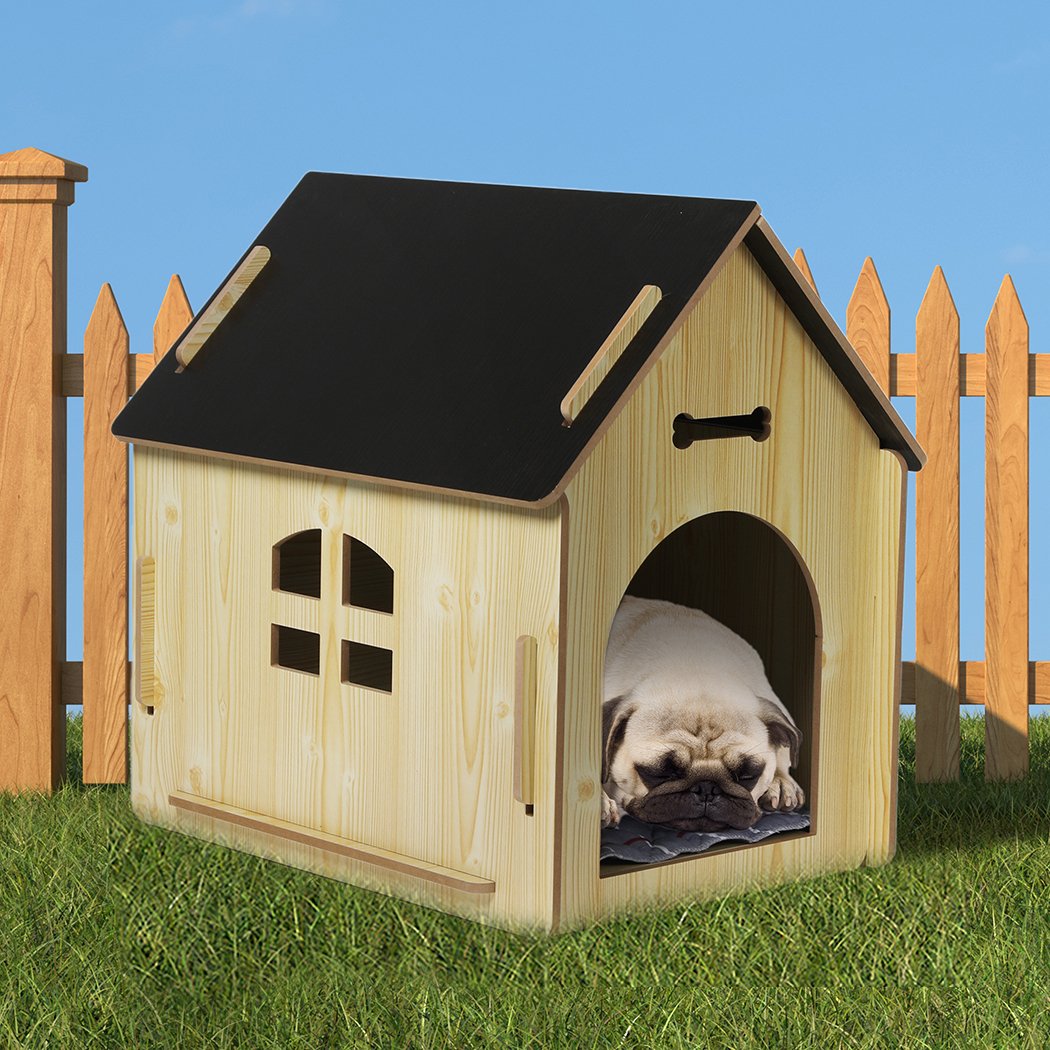 Wooden Dog House Pet Kennel in oak finish, featuring a stylish design with ventilation windows and a cozy interior.