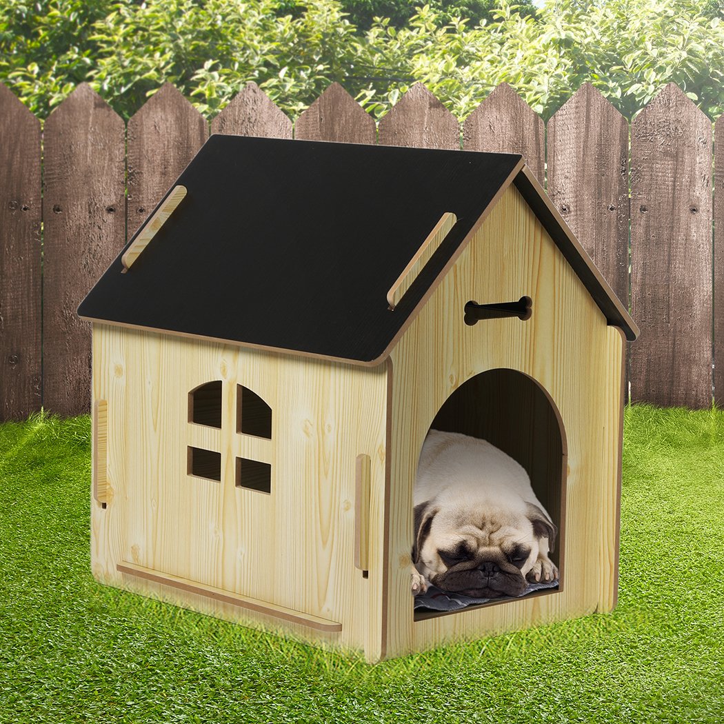 Wooden Dog House Pet Kennel in oak finish, featuring a stylish design with ventilation windows and a cozy interior.