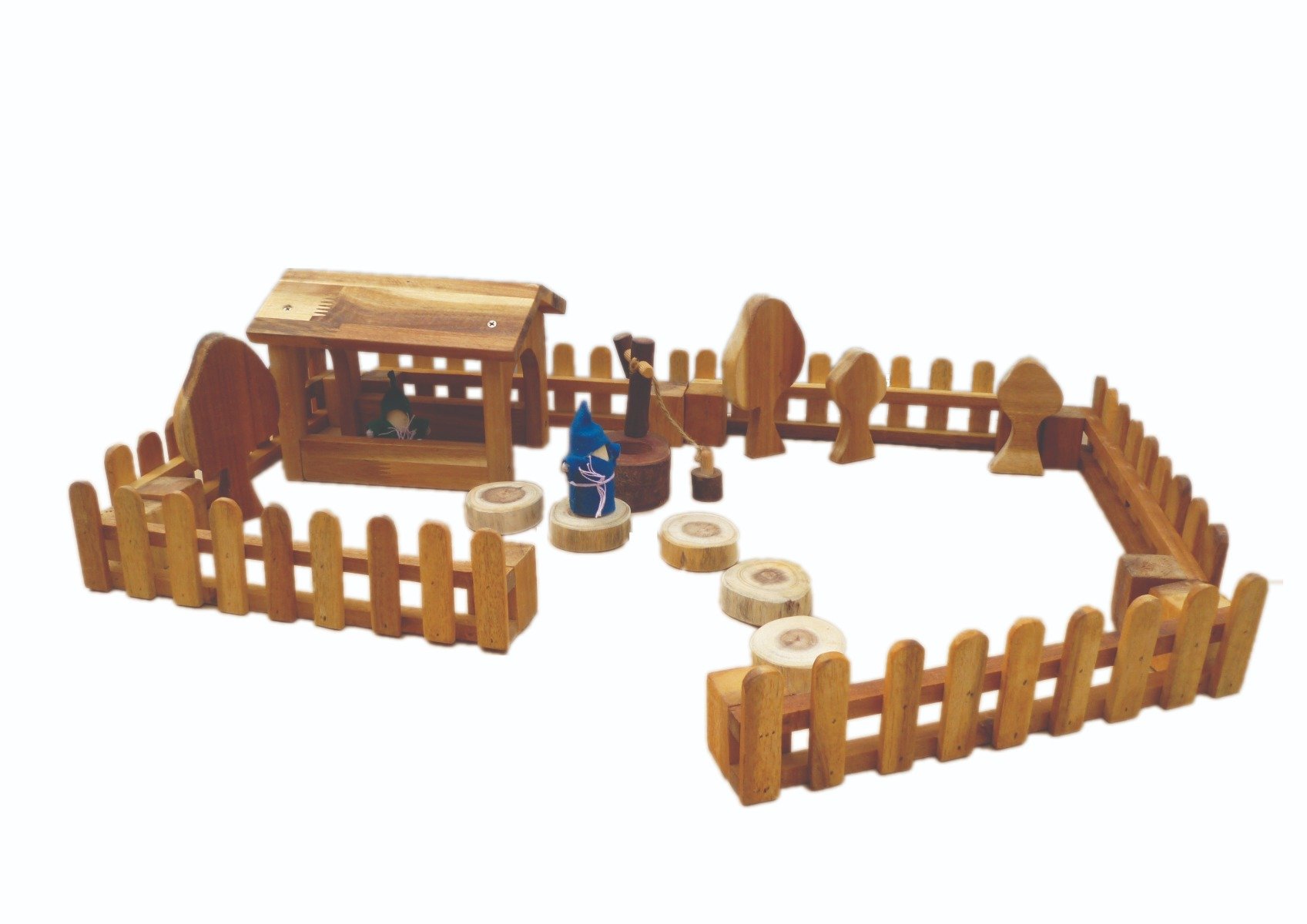 A set of four wooden fences arranged in various configurations, perfect for children's playsets and animal-themed scenes.