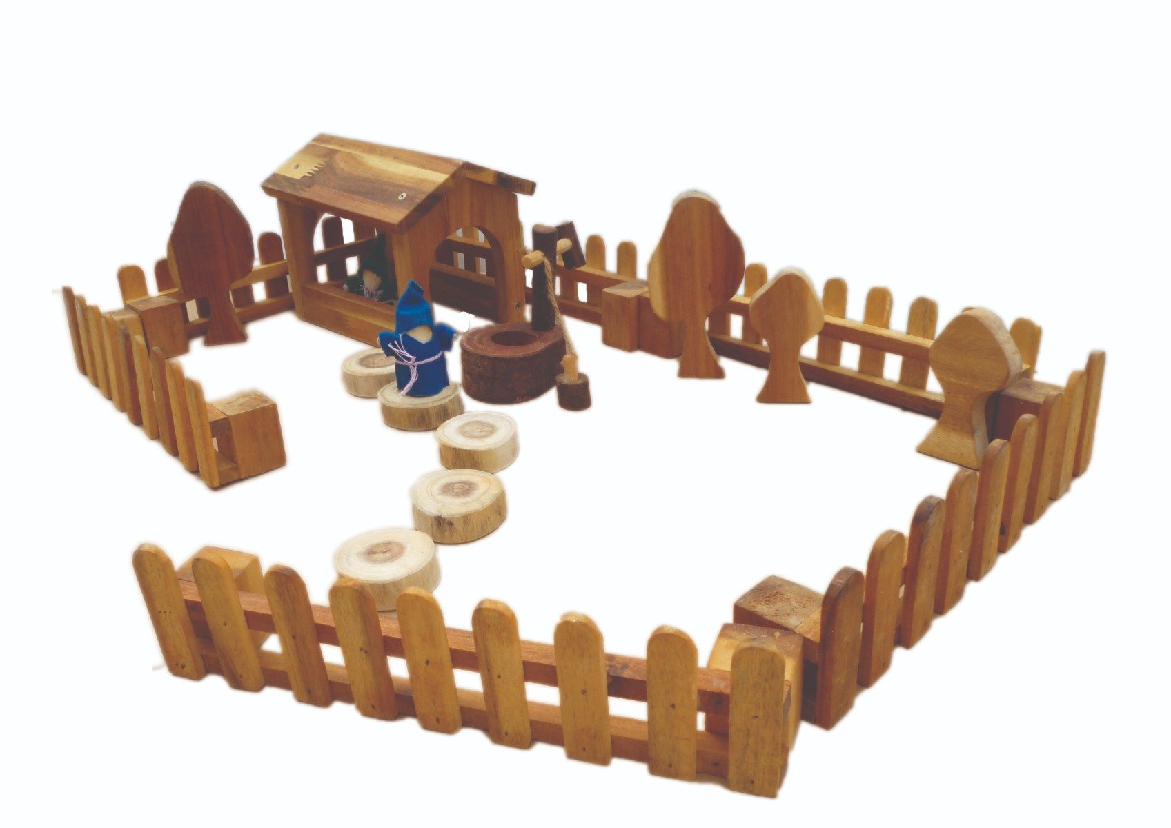 A set of four wooden fences arranged in various configurations, perfect for children's playsets and animal-themed scenes.