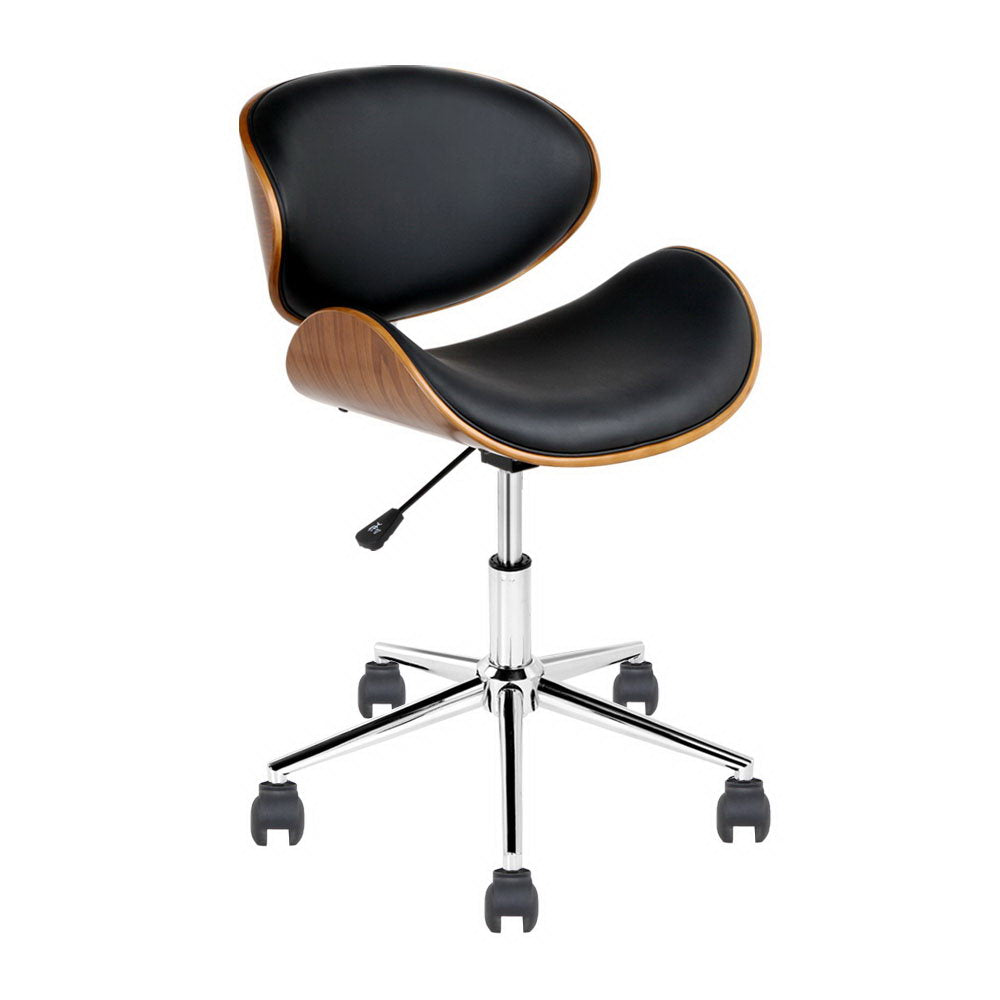 Wooden and PU leather office desk chair in black with a winged back and cushioned seat, featuring a chrome base and castor wheels.