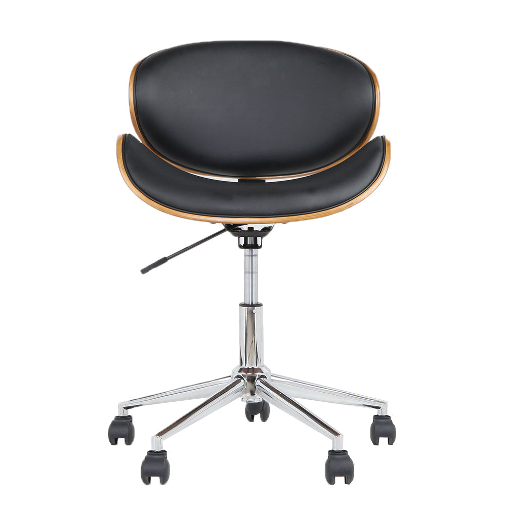 Wooden and PU leather office desk chair in black with a winged back and cushioned seat, featuring a chrome base and castor wheels.