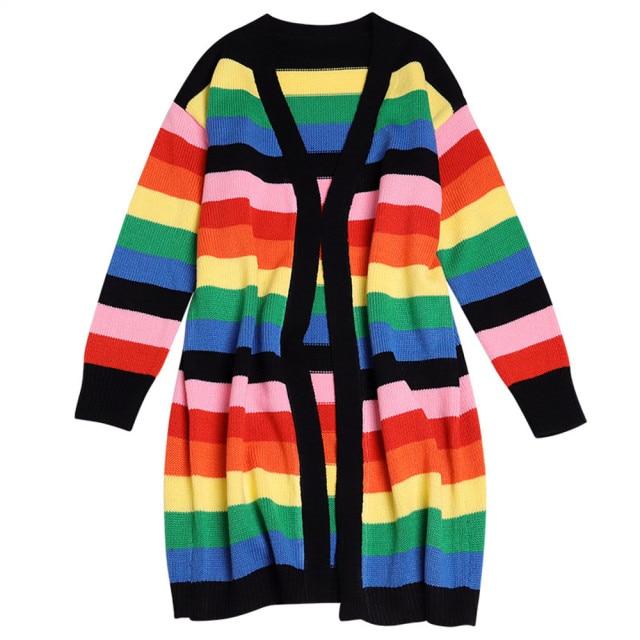 A vibrant Women Rainbow Oversized Cardigan featuring a striped pattern, long sleeves, and a cozy V-neck design, perfect for stylish layering.