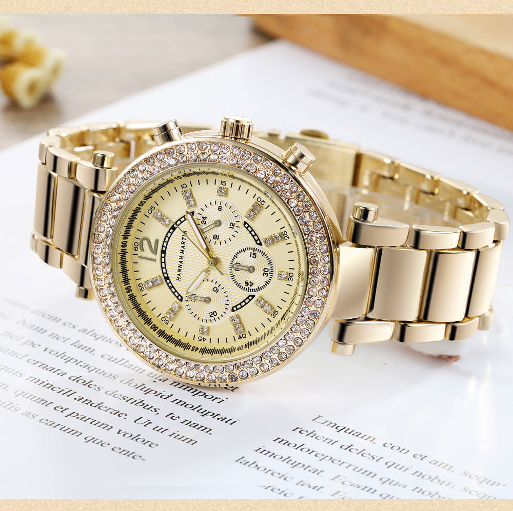 Elegant women’s rose gold quartz wristwatch with rhinestones and stainless steel band, showcasing a luxurious design.