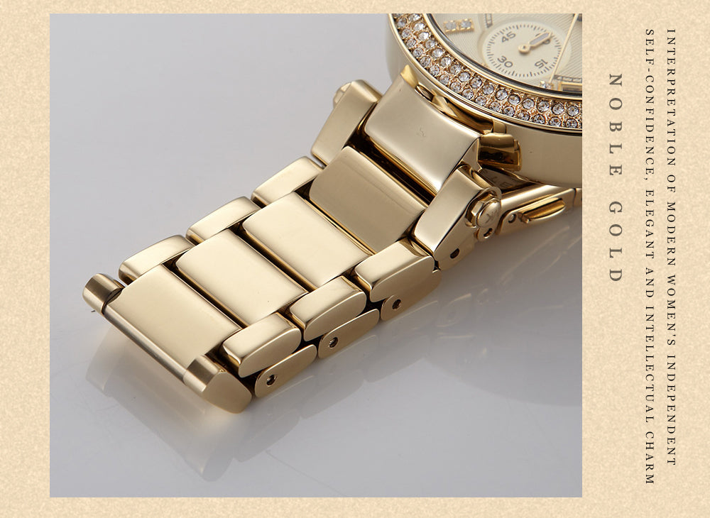 Elegant women’s rose gold quartz wristwatch with rhinestones and stainless steel band, showcasing a luxurious design.