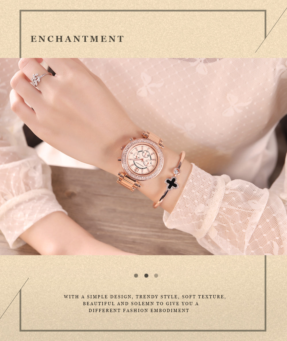 Elegant women’s rose gold quartz wristwatch with rhinestones and stainless steel band, showcasing a luxurious design.