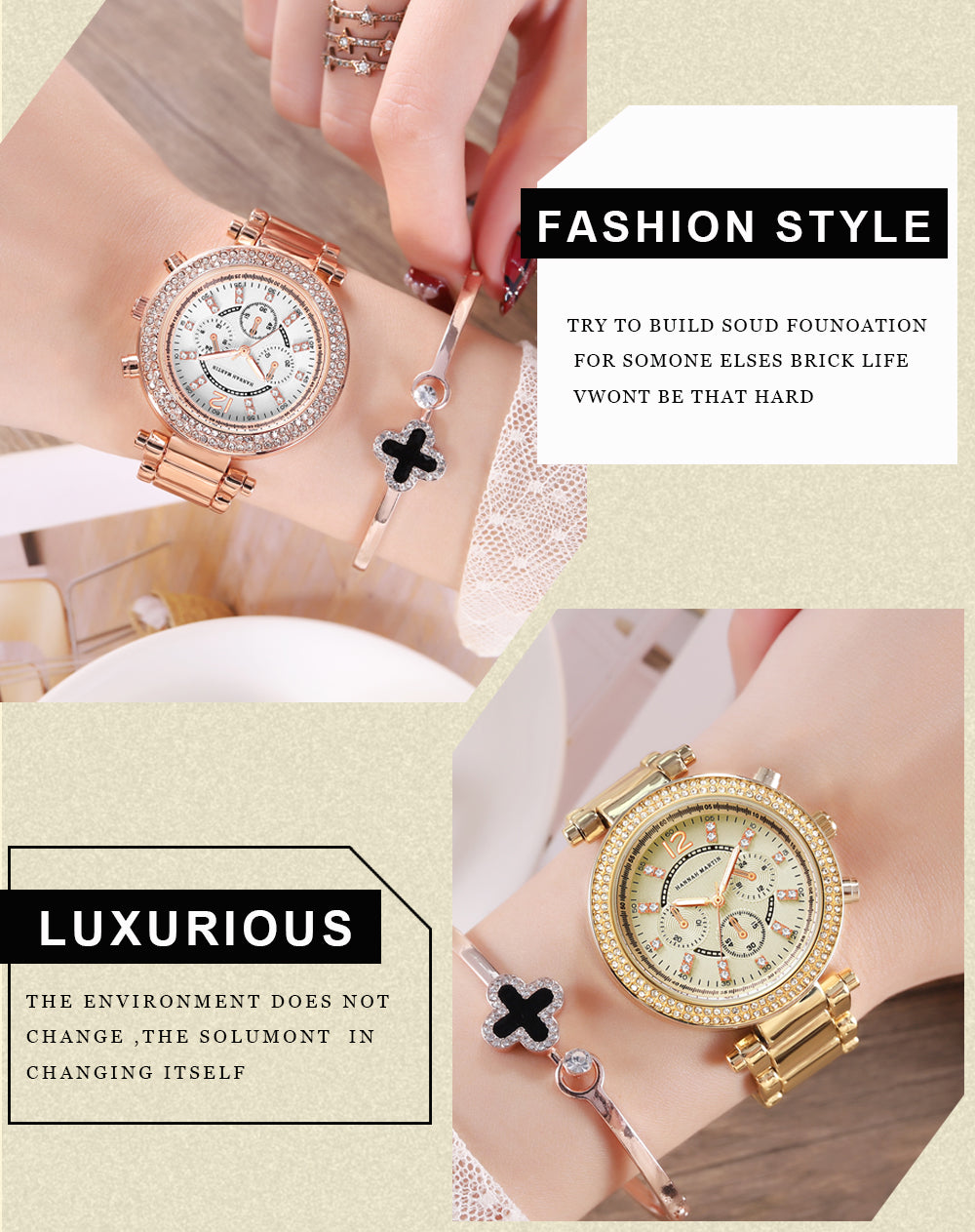 Elegant women’s rose gold quartz wristwatch with rhinestones and stainless steel band, showcasing a luxurious design.