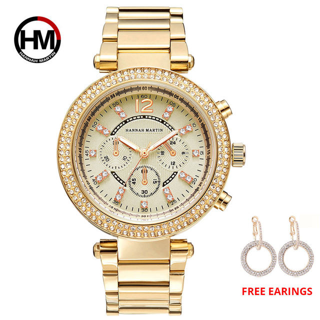 Elegant women’s rose gold quartz wristwatch with rhinestones and stainless steel band, showcasing a luxurious design.