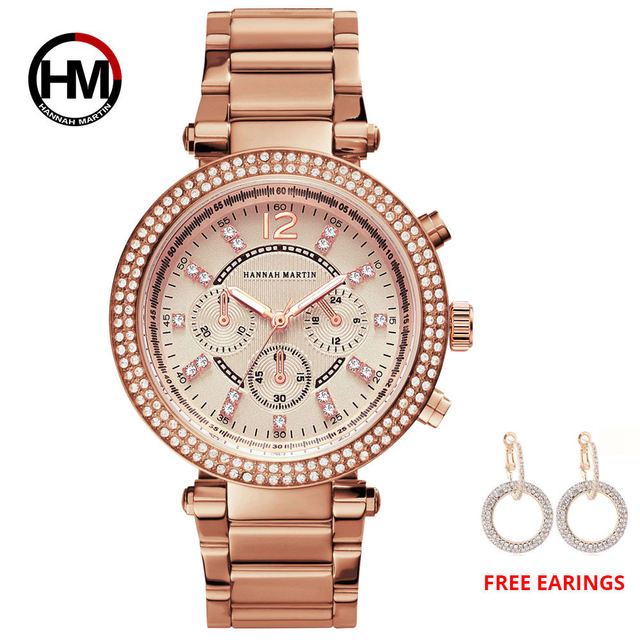 Elegant women’s rose gold quartz wristwatch with rhinestones and stainless steel band, showcasing a luxurious design.