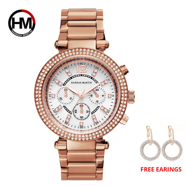 Elegant women’s rose gold quartz wristwatch with rhinestones and stainless steel band, showcasing a luxurious design.