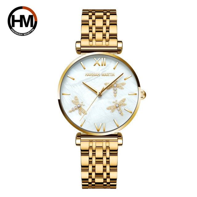 Elegant women’s rose gold quartz wristwatch with rhinestones and stainless steel band, showcasing a luxurious design.