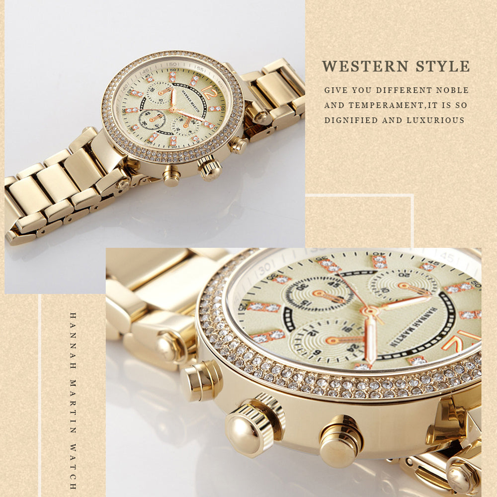 Elegant women’s rose gold quartz wristwatch with rhinestones and stainless steel band, showcasing a luxurious design.