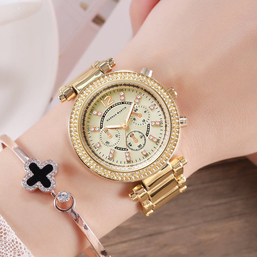 Elegant women’s rose gold quartz wristwatch with rhinestones and stainless steel band, showcasing a luxurious design.