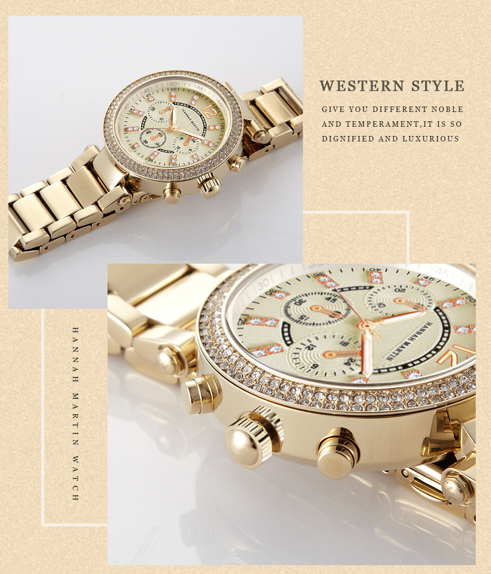 Elegant women’s rose gold quartz wristwatch with rhinestones and stainless steel band, showcasing a luxurious design.