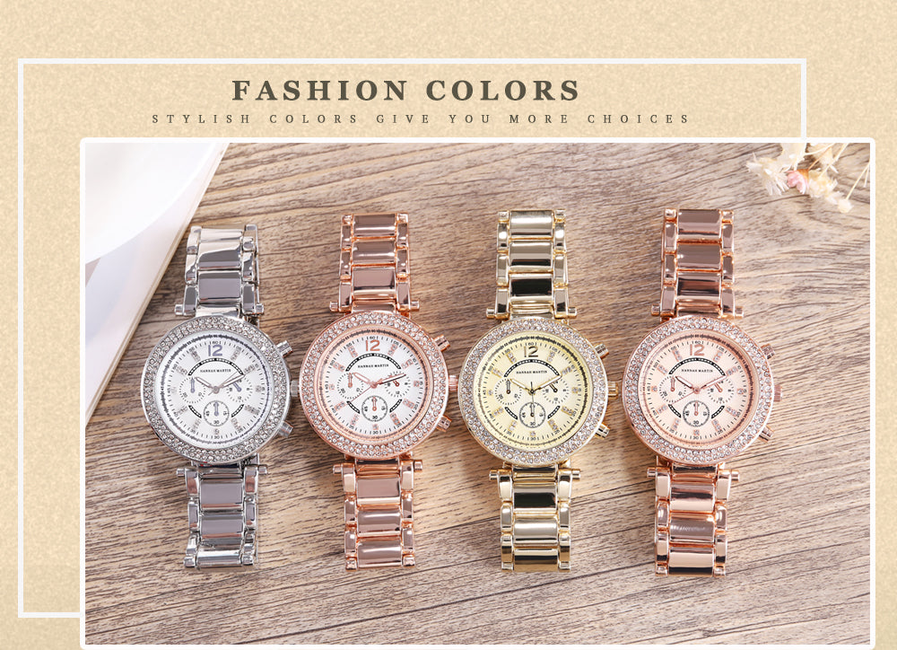 Elegant women’s rose gold quartz wristwatch with rhinestones and stainless steel band, showcasing a luxurious design.