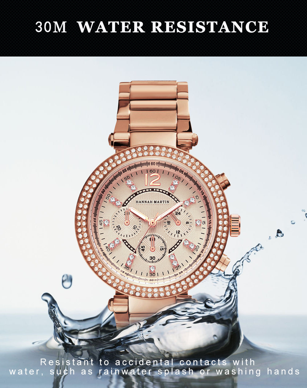 Elegant women’s rose gold quartz wristwatch with rhinestones and stainless steel band, showcasing a luxurious design.