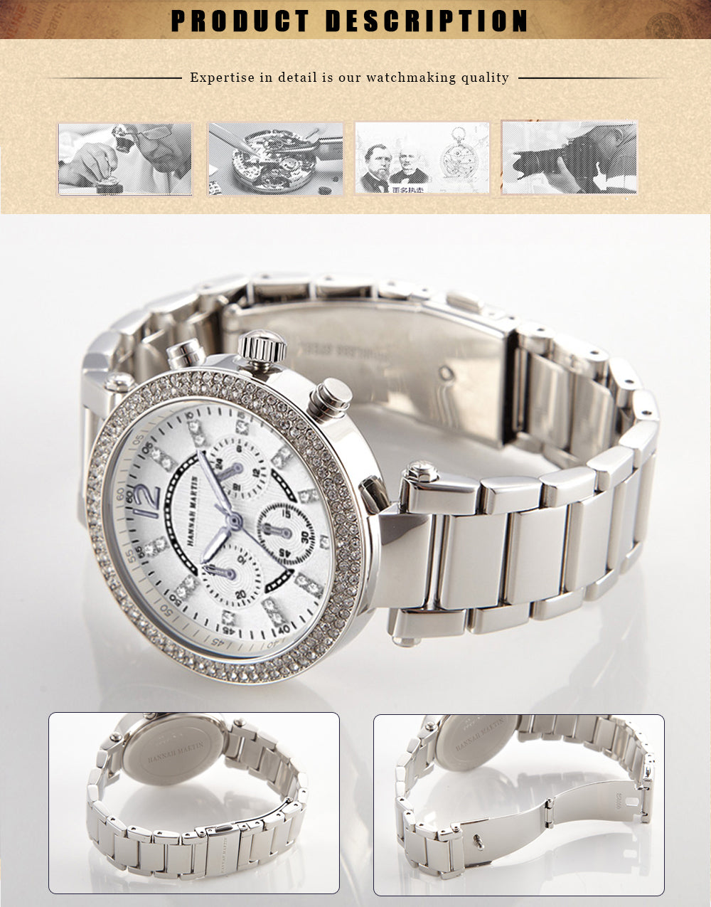 Elegant women’s rose gold quartz wristwatch with rhinestones and stainless steel band, showcasing a luxurious design.