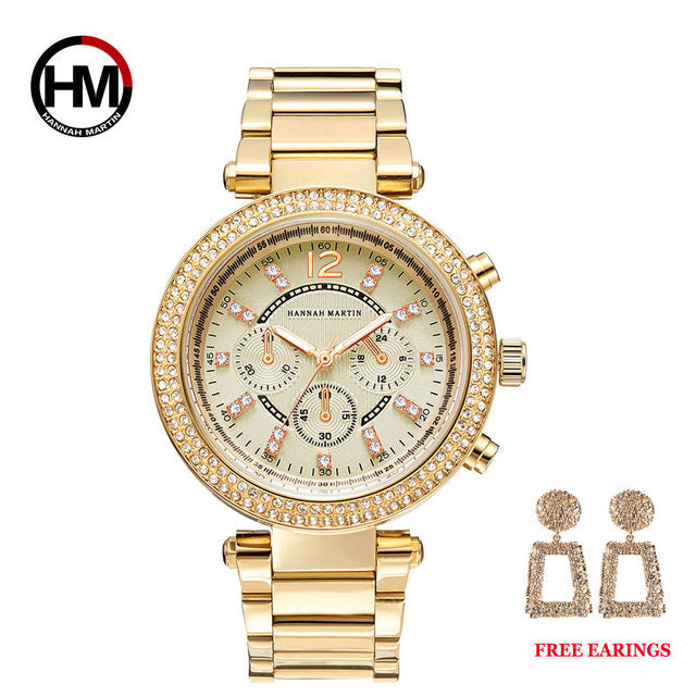 Elegant women’s rose gold wristwatch with rhinestones, featuring a round alloy case and stainless steel band, designed for fashion and waterproof use.