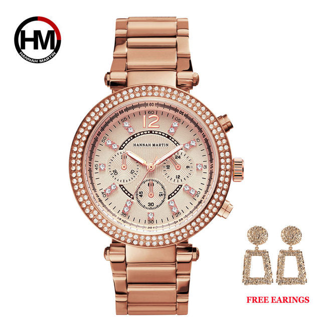 Elegant women’s rose gold wristwatch with rhinestones, featuring a round alloy case and stainless steel band, designed for fashion and waterproof use.