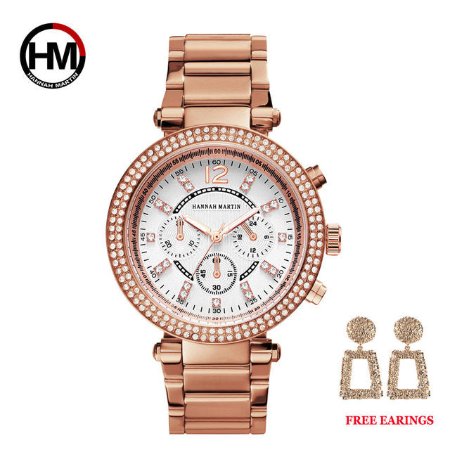 Elegant women’s rose gold wristwatch with rhinestones, featuring a round alloy case and stainless steel band, designed for fashion and waterproof use.