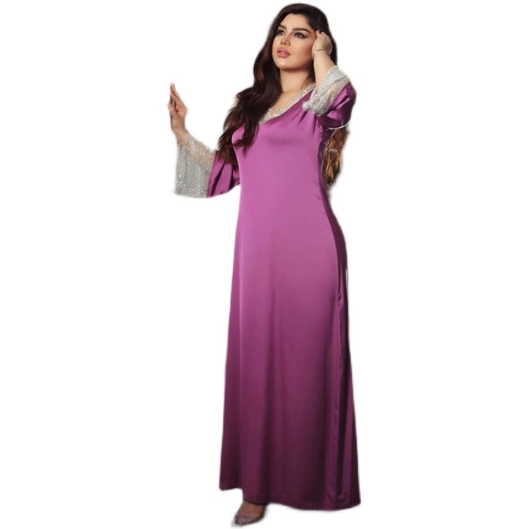 Elegant Women Satin Sequins Full Diamond Mesh Long Dress in purple, showcasing long sleeves and a luxurious design.