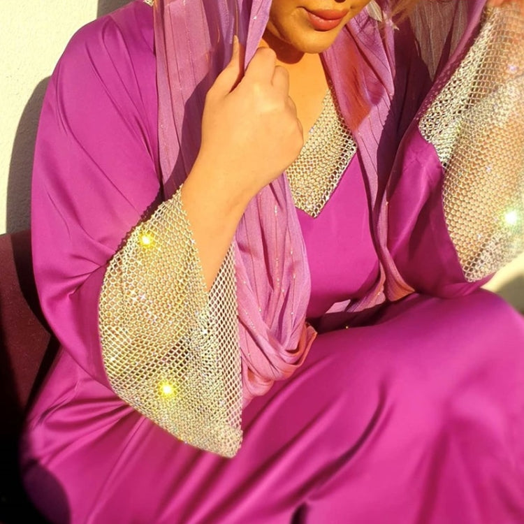 Elegant Women Satin Sequins Full Diamond Mesh Long Dress in purple, showcasing long sleeves and a luxurious design.