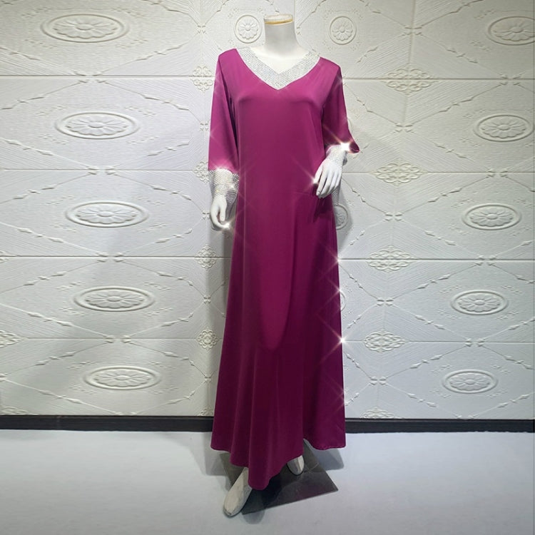 Elegant Women Satin Sequins Full Diamond Mesh Long Dress in purple, showcasing long sleeves and a luxurious design.