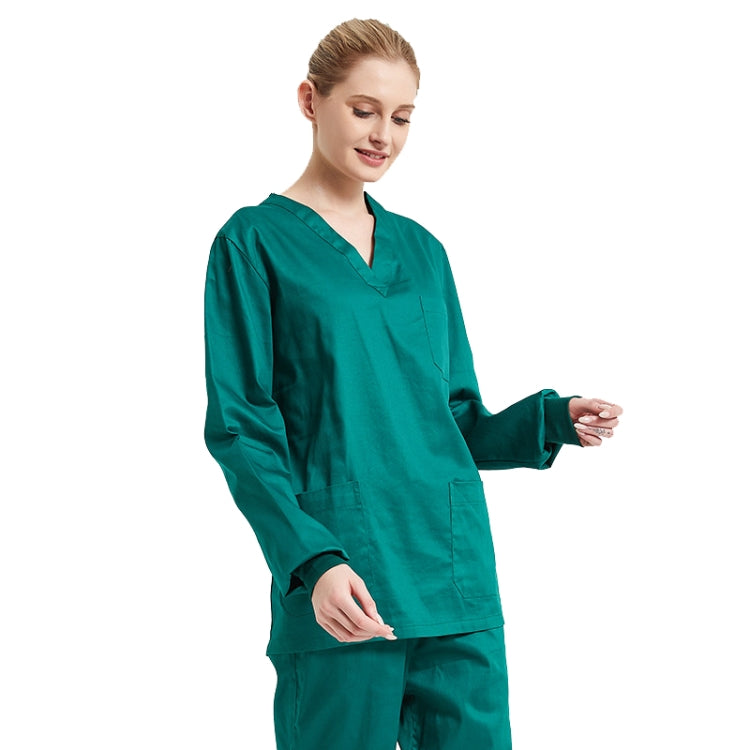 Women Scrub Pet Dental Work Clothes featuring a long-sleeved top and pants set in dark green, made from cotton and polyester blend, ideal for pet care professionals.