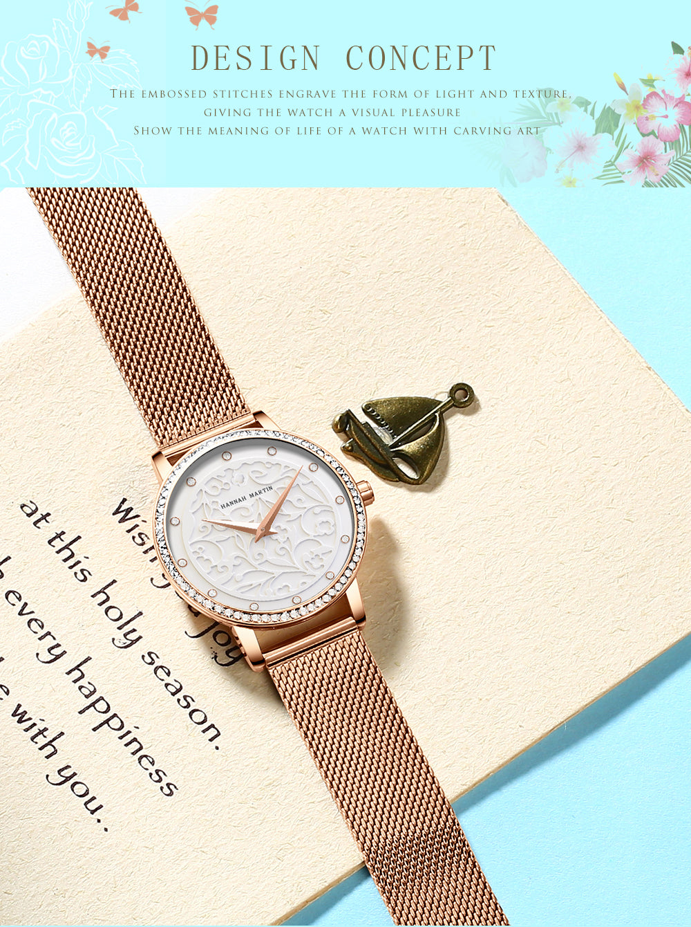 Elegant women's leather wristwatch featuring 3D engraving and Japanese quartz movement, designed for fashion and casual wear.