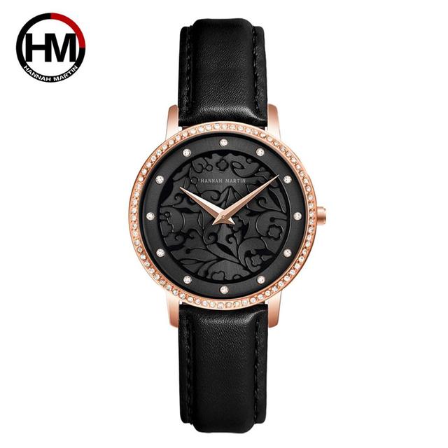 Elegant women's leather wristwatch featuring 3D engraving and Japanese quartz movement, designed for fashion and casual wear.