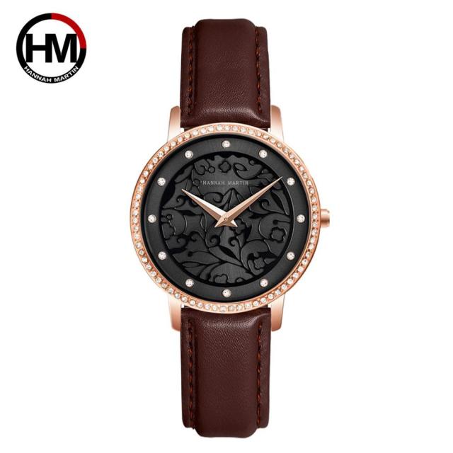 Elegant women's leather wristwatch featuring 3D engraving and Japanese quartz movement, designed for fashion and casual wear.