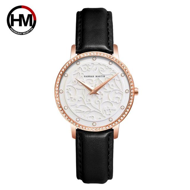 Elegant women's leather wristwatch featuring 3D engraving and Japanese quartz movement, designed for fashion and casual wear.