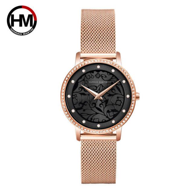 Elegant women's leather wristwatch featuring 3D engraving and Japanese quartz movement, designed for fashion and casual wear.